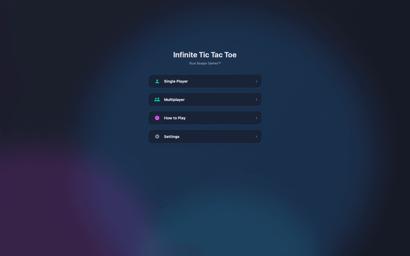 Infinite Tic Tac Toe main menu